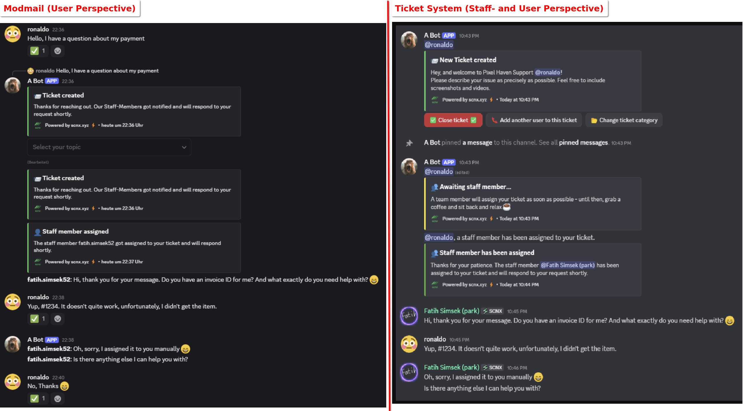 Screenshot showing the Modmail feature on the right from the user perspective and the ticket system feature from the left