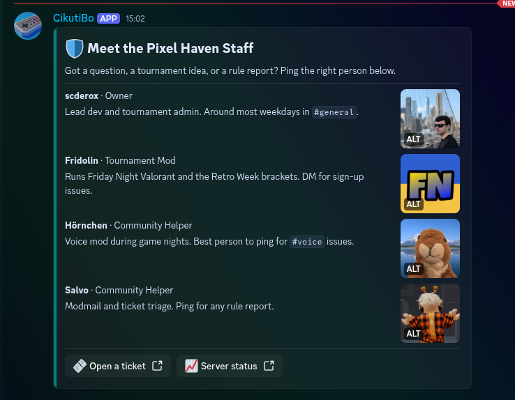 A "Meet the Pixel Haven Staff" card with four sections, each showing a team member's name, role, short bio, and avatar thumbnail