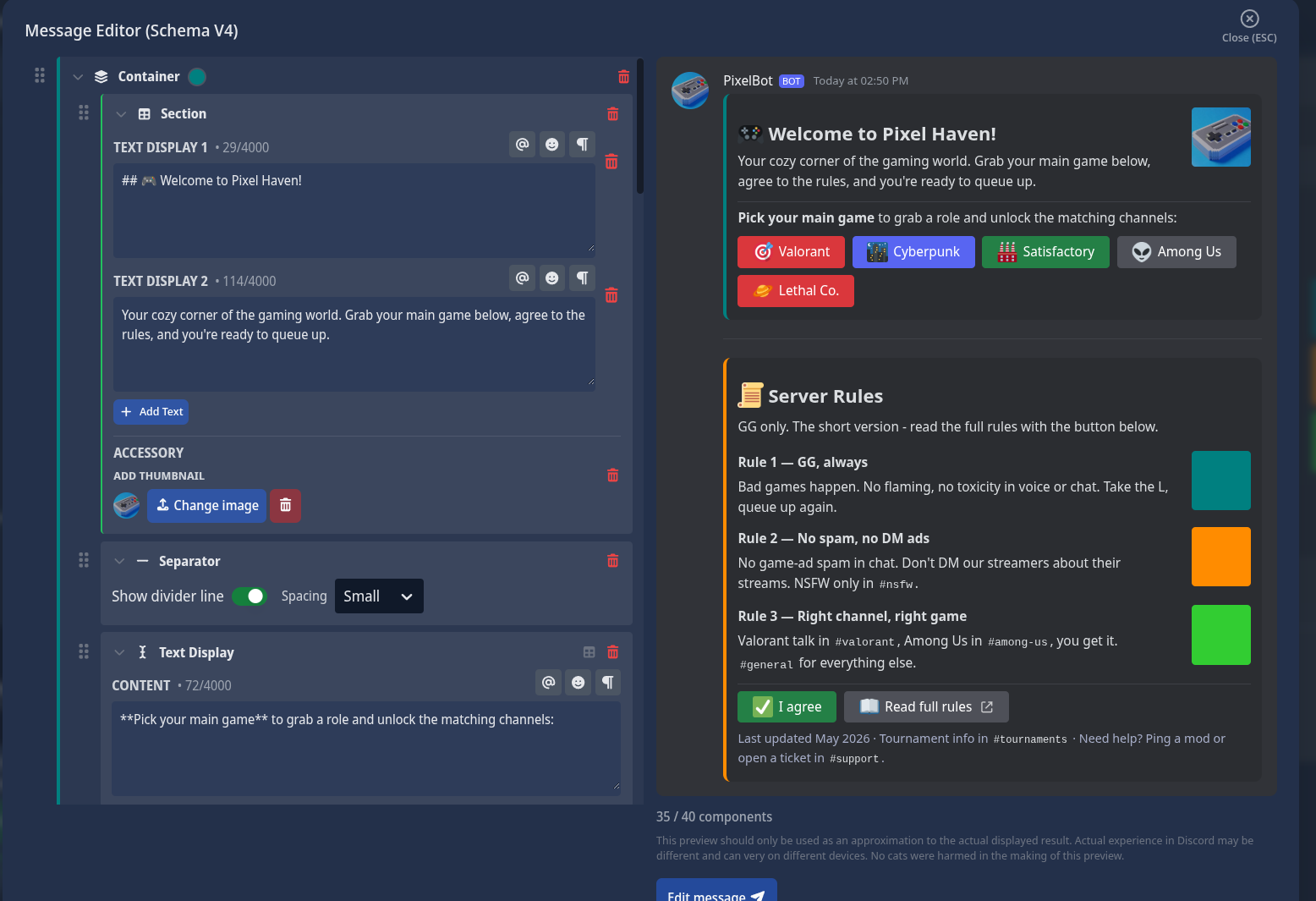 A Pixel Haven welcome and rules message built in V4 - teal welcome container with the server icon and game role buttons, an orange rules container with three sectioned rules each with their own thumbnail, and an "I agree" / "Read full rules" action row