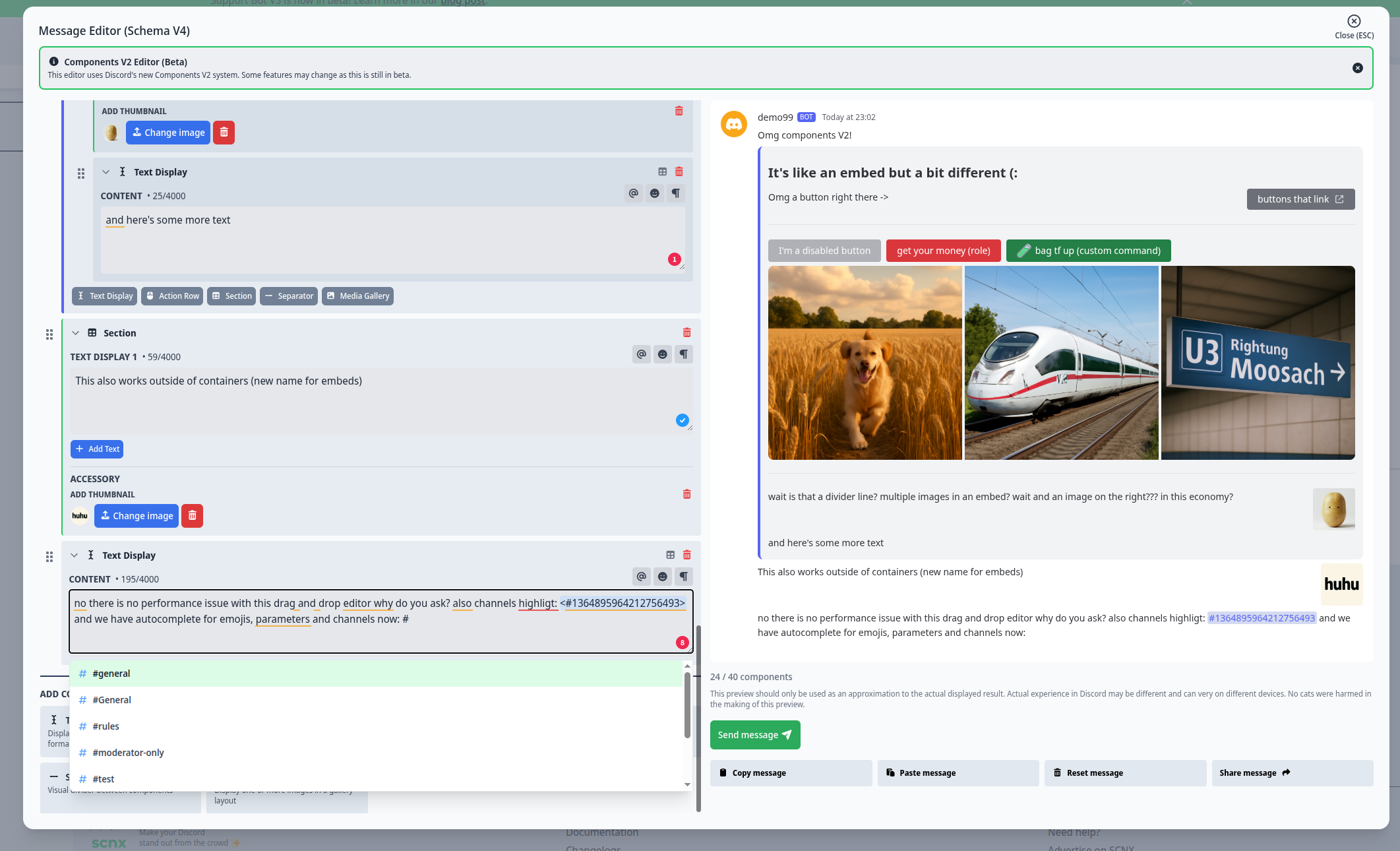 The V4 editor on the SCNX dashboard - drag-and-drop components on the left, live preview on the right