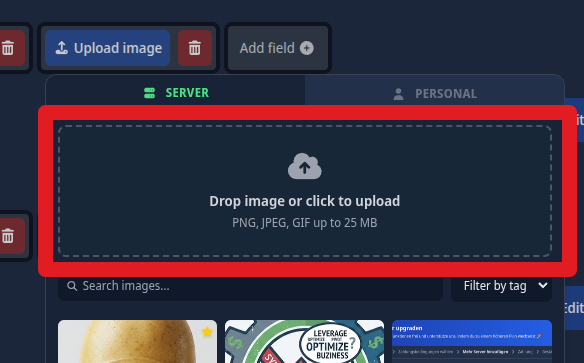 Screenshot, der die direkte Upload-Option in einem Konfigurationsfeld zeigt