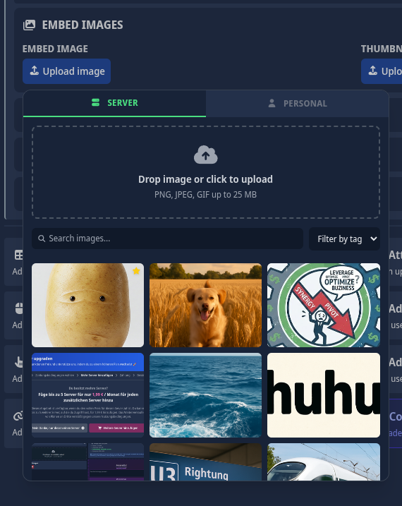 Screenshot des Picker-Modals mit den Tabs Server-Dateien und Persönliche Dateien