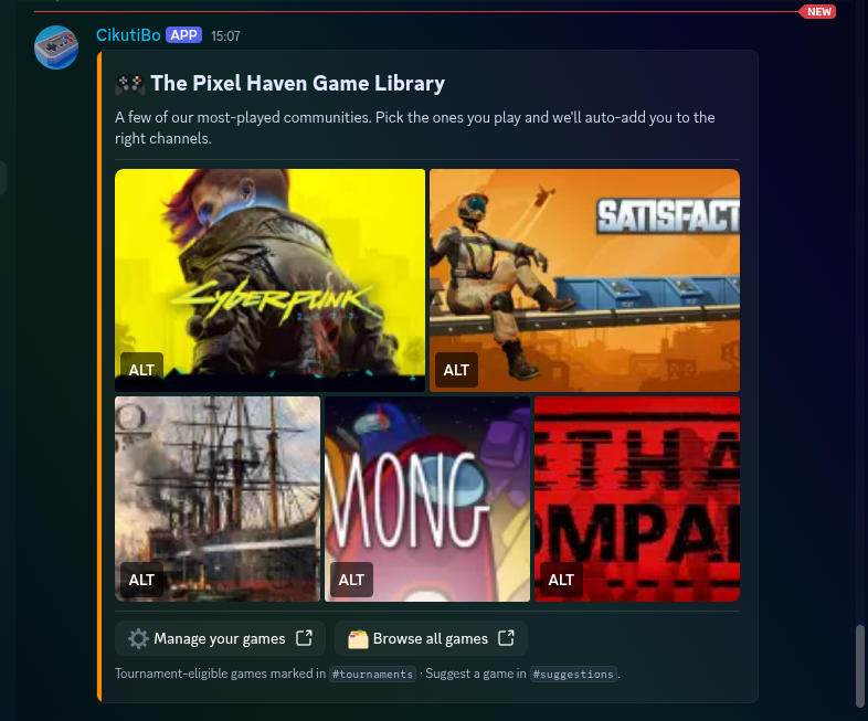 A "Pixel Haven Game Library" card with a five-tile media gallery showing Steam capsule artwork for Cyberpunk 2077, Satisfactory, Anno 1800, Among Us, and Lethal Company, with "Manage your games" / "Browse all games" buttons below
